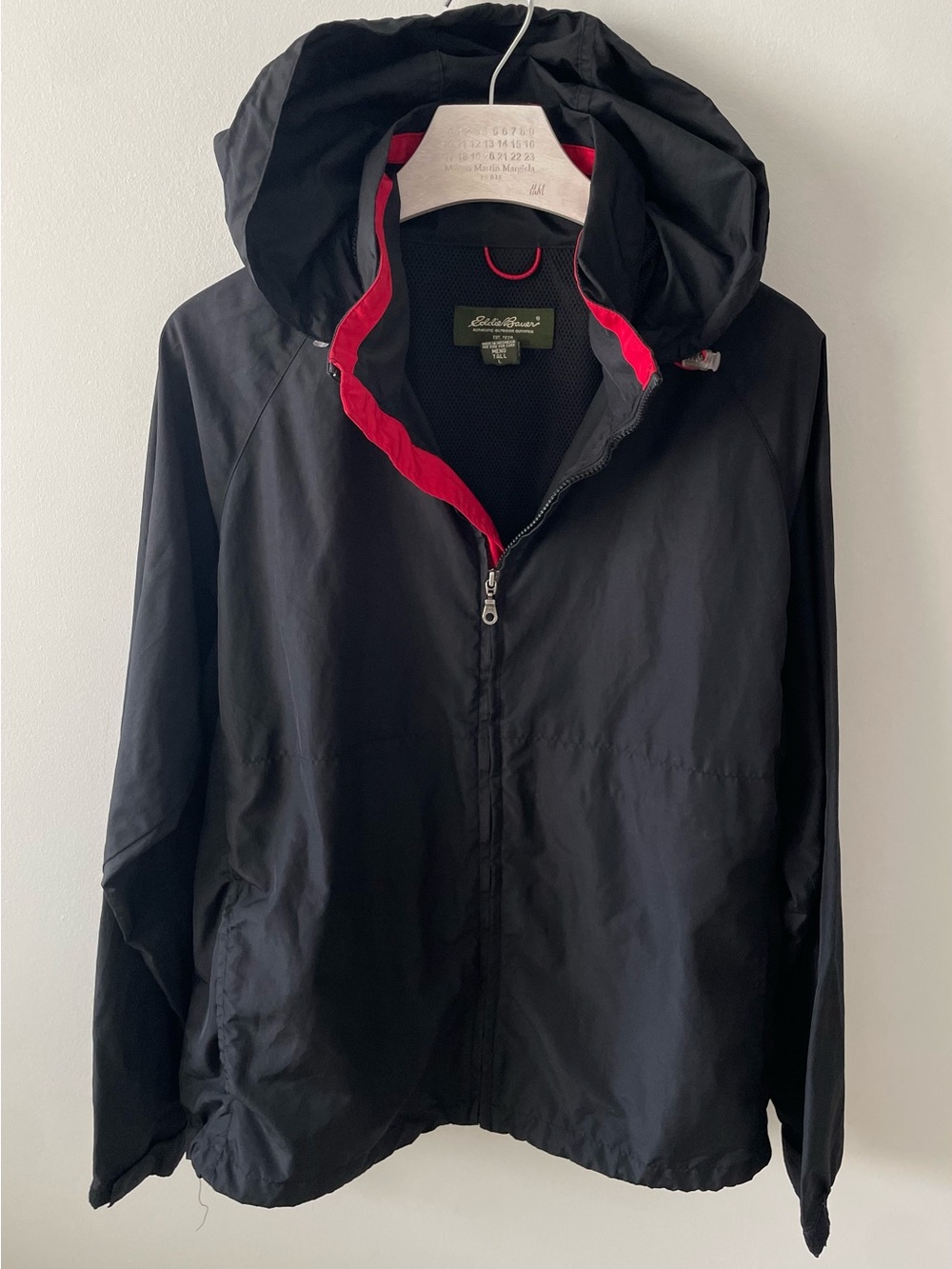 Eddie Bauer Mens LT Large Tall Black Windbreaker Hooded Full Zip Jacket Red Rain